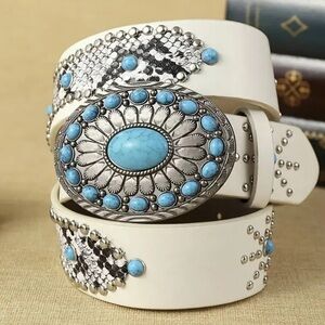 White Belt with Turquoise Accents, Riveting and Snake Skin